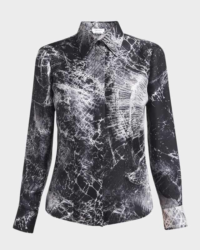 Smashed Screen Print Button Down Silk Blouse
